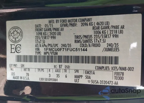 2015 Ford Escape S from USA, damaged, VIN 1FMCU0F71FUC51144